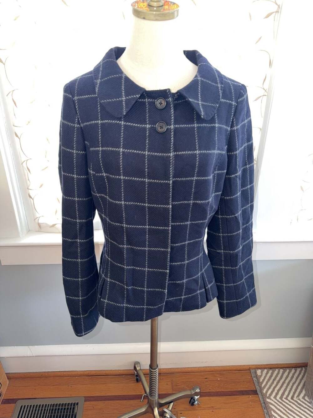 Brooks Brothers Women's Navy Windowpane Plaid Wool Jacket Size 10